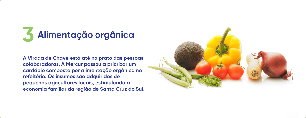 3 Alimentação orgânica - A Virada de Chave está até no prato das pessoas colaboradoras. A Mercur passou a priorizar um cardápio composto por alimentação orgânica no refeitório. Os insumos são adquiridos de pequenos agricultores locais, estimulando a economia familiar da região de Santa Cruz do Sul.